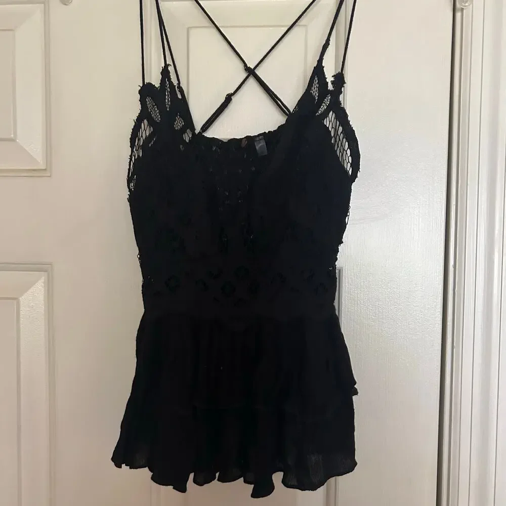 Free People Lace Adella Cami black plunge neckline romantic fairy boho women S